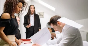 A diverse group of business professionals engaged in discussion and teamwork in a contemporary office.