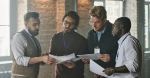 A diverse group of business professionals reviewing documents during a meeting in an industrial-style office space.